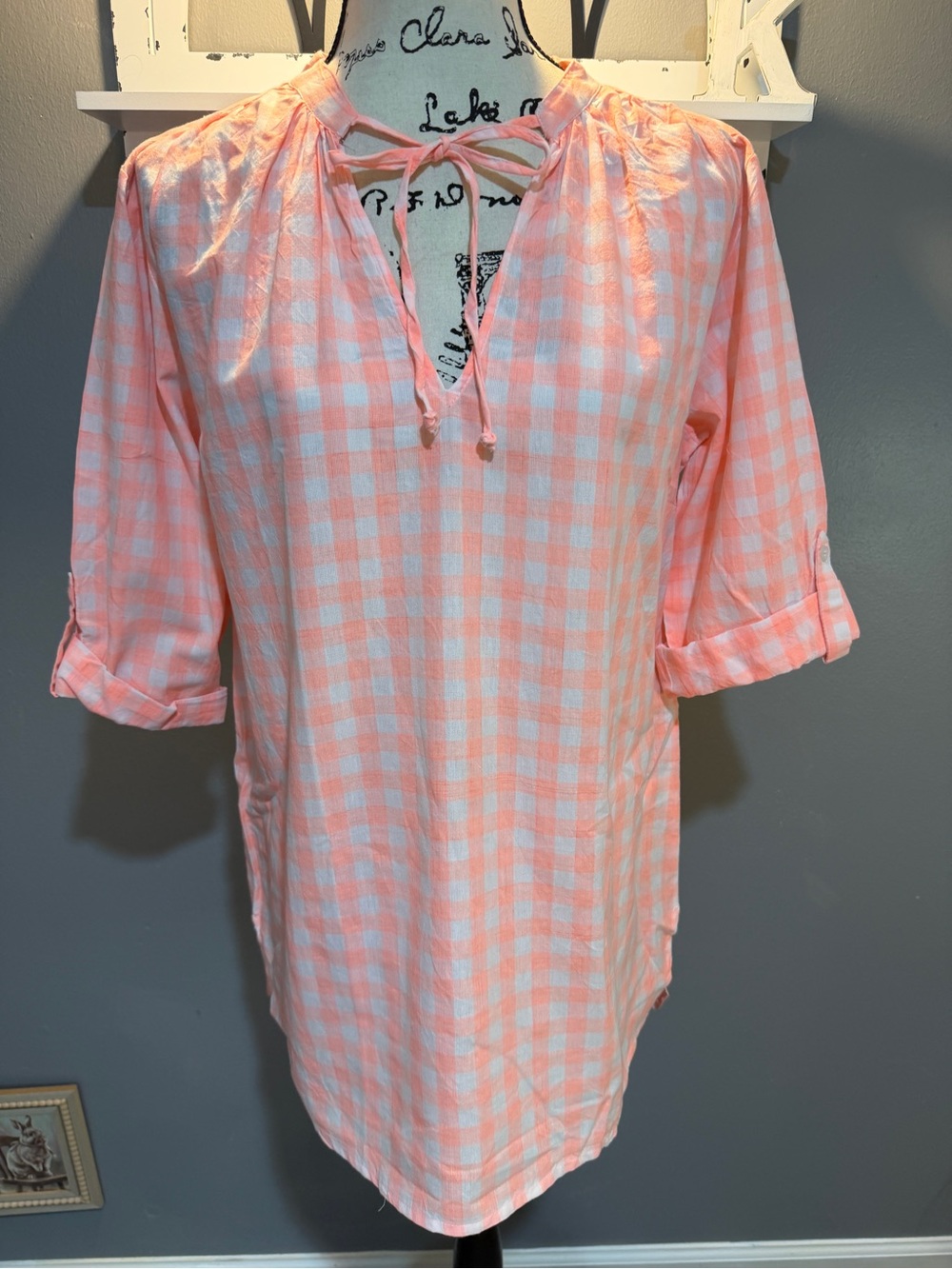 FRESH PRODUCE CORAL COLORED GINGHAM TIE NECK TUNIC XS/S NWT